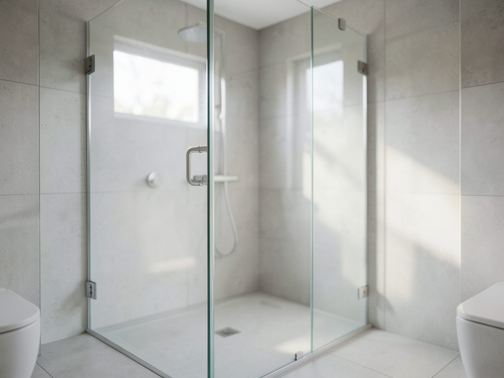 Mampara fija de cristal en baño de diseño moderno